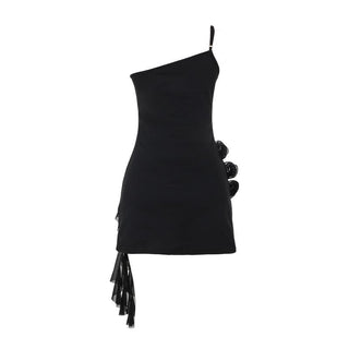 One shoulder ruffle flower applique mini dress