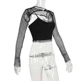 Long sleeve fishnet shrug cross applique 2 piece top