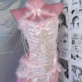 Halter fluffy beaded bowknot "Hello Kitty" pattern backless 2 piece top