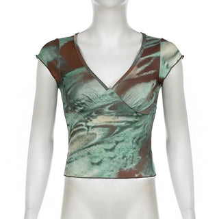 V neck cap sleeve tie dye top