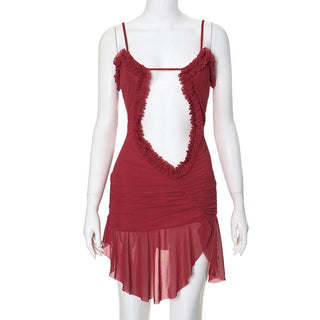 Double layered mesh ruffle hollow out cami cut out mini dress