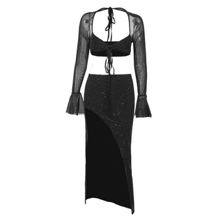 Self tie long sleeve textured backless slit low cut midi skirt set-final-sale