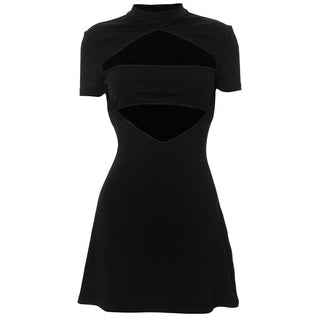 Short sleeve high neck hollow out cut out mini dress