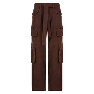 Tie waist pocket button solid straight leg cargo jeans