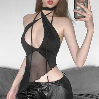Halter mesh ruffle irregular backless top
