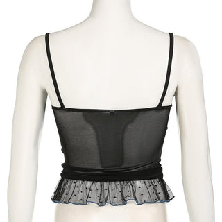 V neck polka dot bowknot mesh ruffle cami top