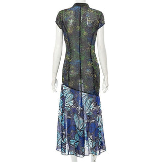 Short sleeve hollow out slit butterfly print see through cut out midi dress