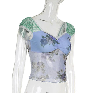 Cap shoulder lace hem contrast top