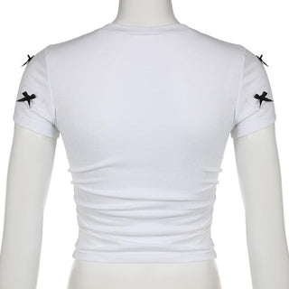 Short sleeve bowknot beaded ruched top