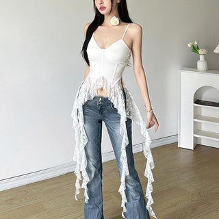 Lace v neck patchwork ruffle solid cami top