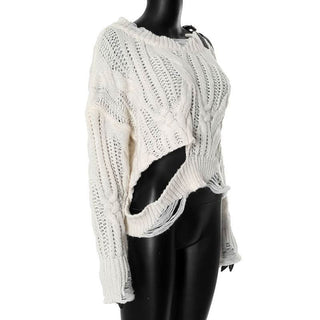 Long sleeve buckle knitted hollow out cut out top