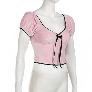 Short puff sleeve bowknot ribbon velvet top