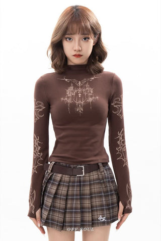 Long sleeve high neck cross print contrast top