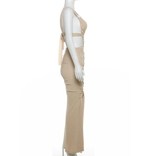 O ring textured hollow out self tie ruched tank cut out maxi dress