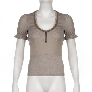Short puff sleeve button stitch ruffle ribbed top