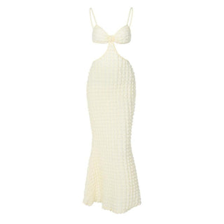Solid hollow out waffle backless cami cut out midi dress