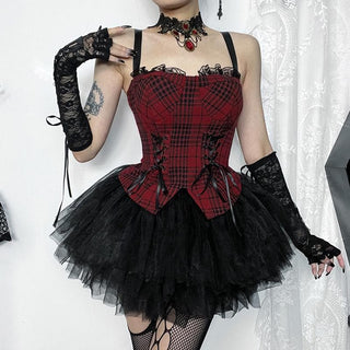 Plaid sweetheart neck lace up lace hem backless cami top