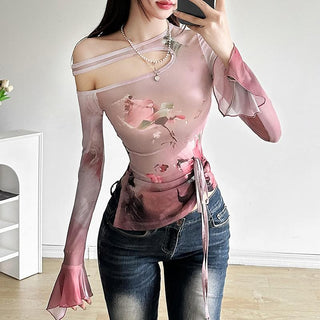 Long flared sleeve sheer mesh print top