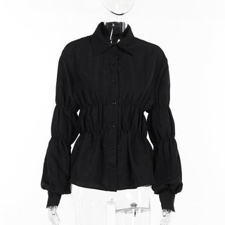 Turnover collar long puff sleeve button top