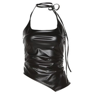 Self tie halter backless irregular PU leather square neck top