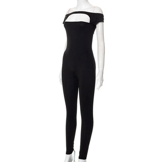 Short sleeve hollow out solid off shoulder backless jumpsuit