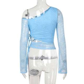 One shoulder drawstring self tie lace top