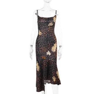 U neck leopard print irregular cami midi dress