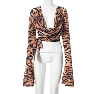 Slit long flared sleeve self tie tiger print cowl neck top