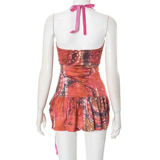 Halter self tie ruched hollow out print cut out mini dress