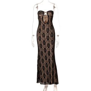 Metal applique hollow out lace tube cut out maxi dress