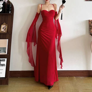 Cross back ruched gloves mesh cami maxi dress