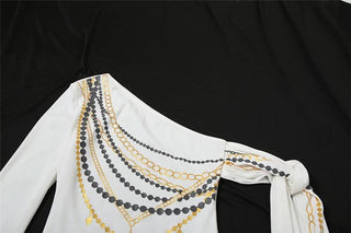 One shoulder long sleeve metal chain print top