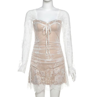 Long sleeve lace zip-up ruched mini dress