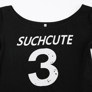 Short sleeve letter print off shoulder contrast top