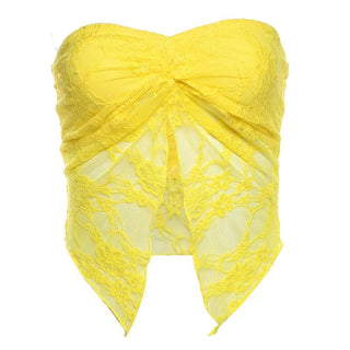 Lace ruched slit ruffle solid tube top