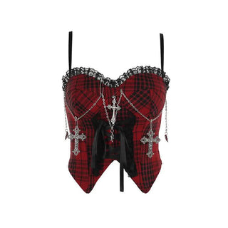 Sweetheart neck metal chain plaid print cami top