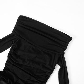 Off shoulder long sleeve mesh patchwork ruched hollow out maix dress