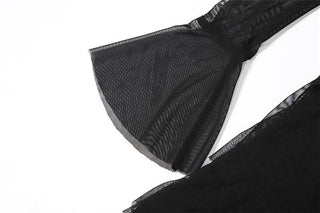 Long flared sleeve irregular mesh ruched mini dress