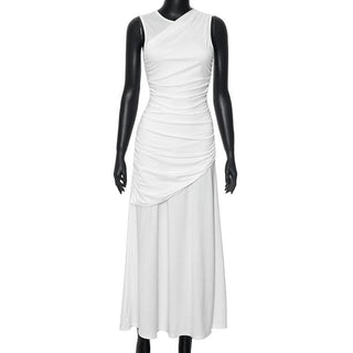 Crewneck ruched patchwork irregular tank midi dress