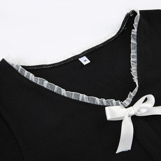 Short sleeve ruffle ruched bowknot ribbed top