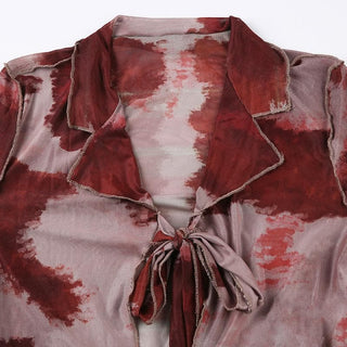 Sheer mesh see through long sleeve tie dye ruffle self tie crop top