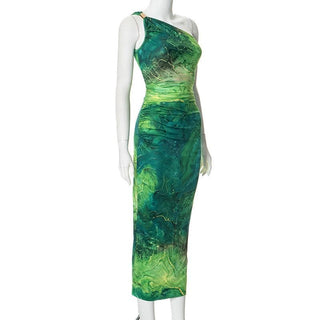 One shoulder print ruched maxi dress