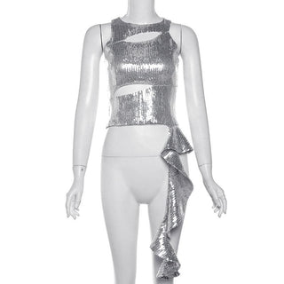Crewneck glitter hollow out ruffle irregular crop cut out top