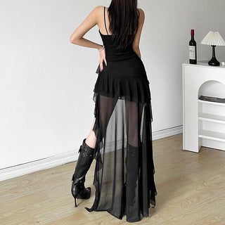 Ruched mesh ruffle sweetheart neck cami maxi dress