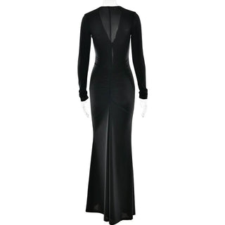 Long sleeve v neck ruched hollow out cut out maxi dress