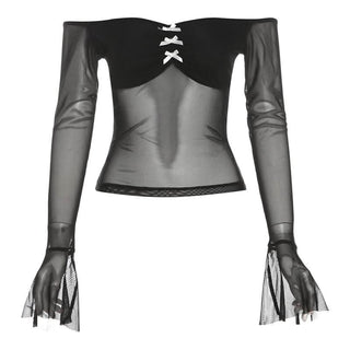 Bowknot long flared sleeve off shoulder mesh ruched top