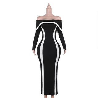 Long sleeve off shoulder contrast backless maxi dress