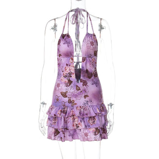 Deep v neck halter flower print ruffle mini dress
