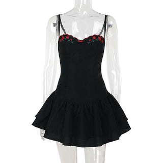 Sweetheart neck rose embroidery bowknot cami mini dress
