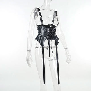 Pu leather lace up ruffle buckle cami top